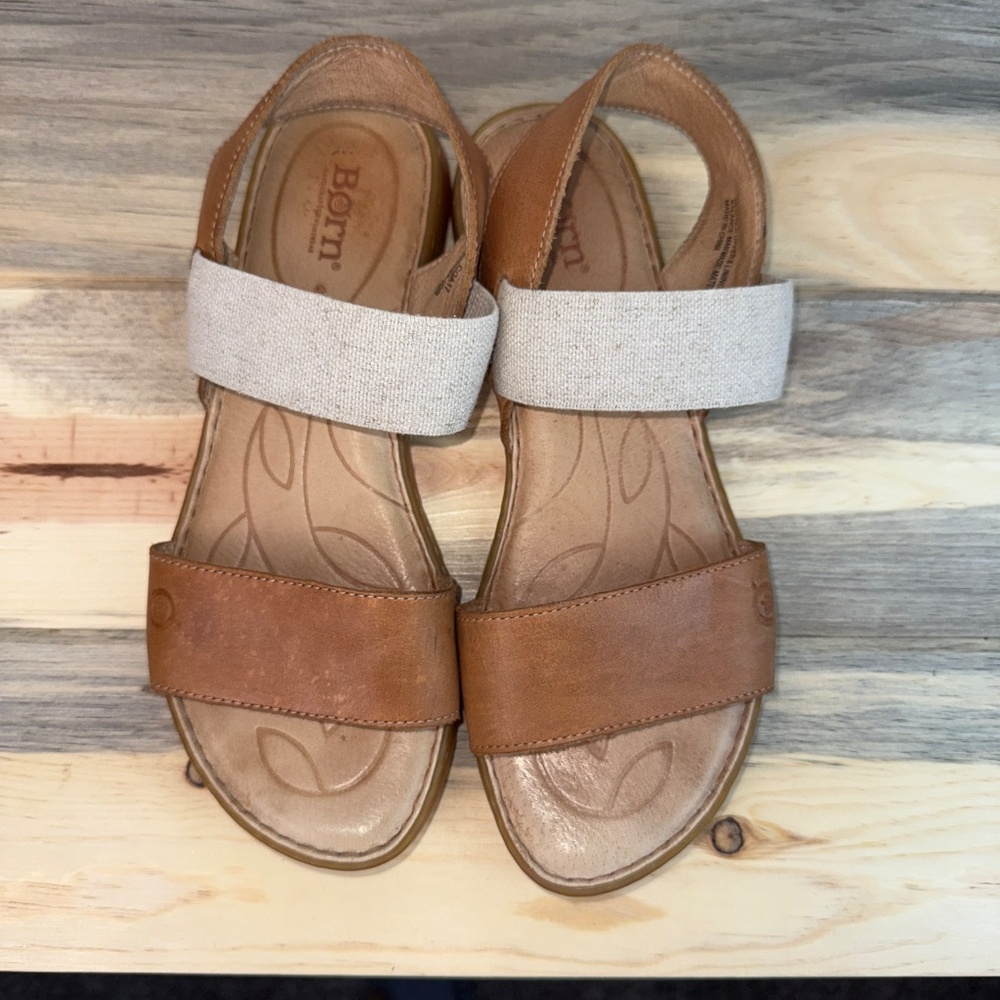 Born Parson 2 Strap Leather/Elastic Sandal Flat Sling Ankle Strap Slip On Size 9